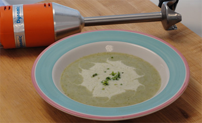 Chef prepares Cream of Broccoli Soup with favorite Hand Blender