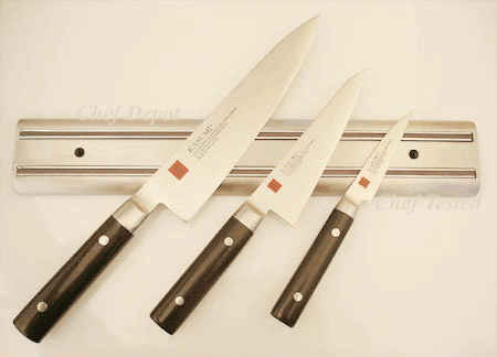 Kasumi Chef Knife 8 in. blade, double bevel and 3 in. Paring Knife, Utility Knife 5.5 in. blade Set with SS Knife Holder