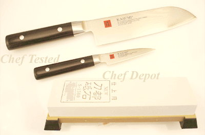 Kasumi Santoku Knife 7 in. blade, double bevel and 3 in. Paring Knife and Whetstone Set