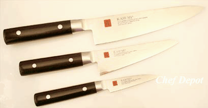 Kasumi Chef Knife 8 in. blade, double bevel and 3 in. Paring Knife, Utility Knife 5.5 in. blade Set